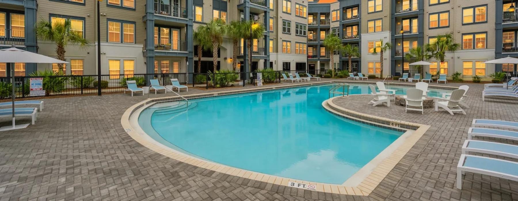 a pool in a courtyard